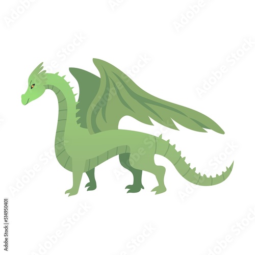Mythical green Dragon flat vector illustration. Fantasy characters, centaur, harpy, dragon, mermaid, Pegasus, griffin isolated on white © Bro Vector