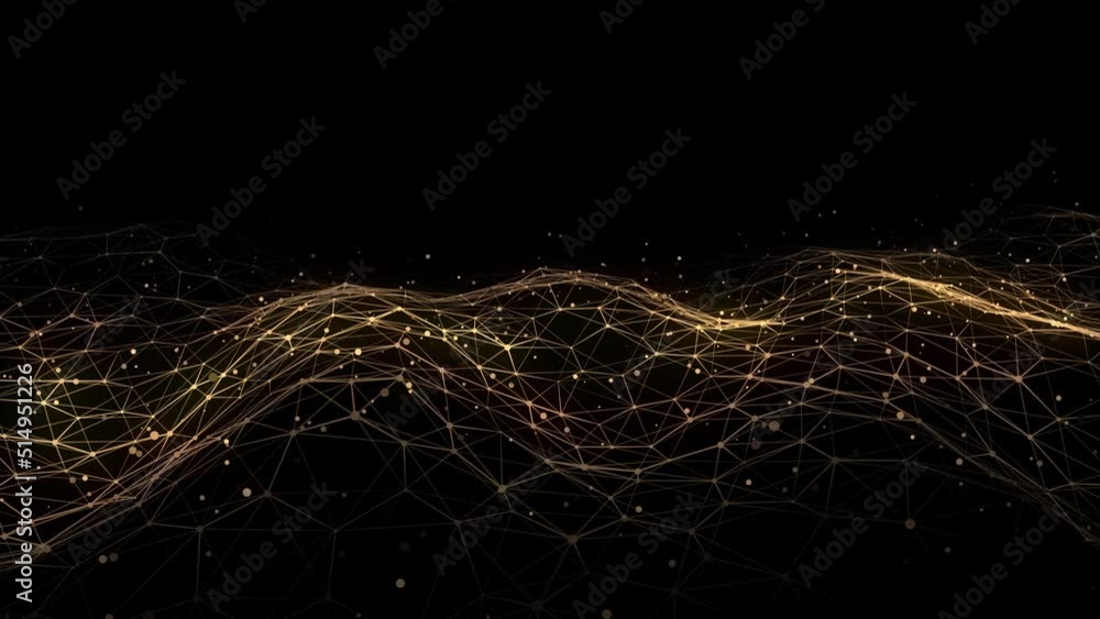 Gold wave of particles and lines. Big data visualization. Abstract background with a dynamic wave. 3d rendering.