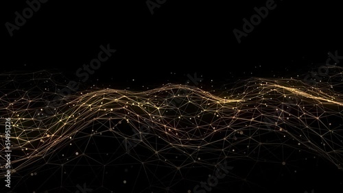 Gold wave of particles and lines. Big data visualization. Abstract background with a dynamic wave. 3d rendering.