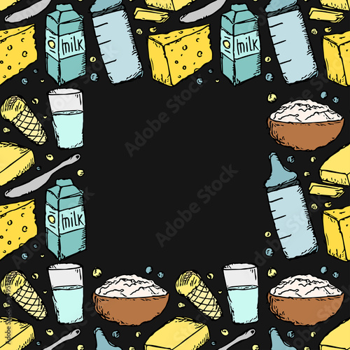 milk food illustration with place for text. milk production. vector doodle illustration with milk products icon