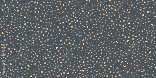 Marble floor pattern with terrazzo seamless texture composed of pieces of granite, quartz, glass and stone. Dark grey classic paving design. Abstract wall background. Retro venetian stone material