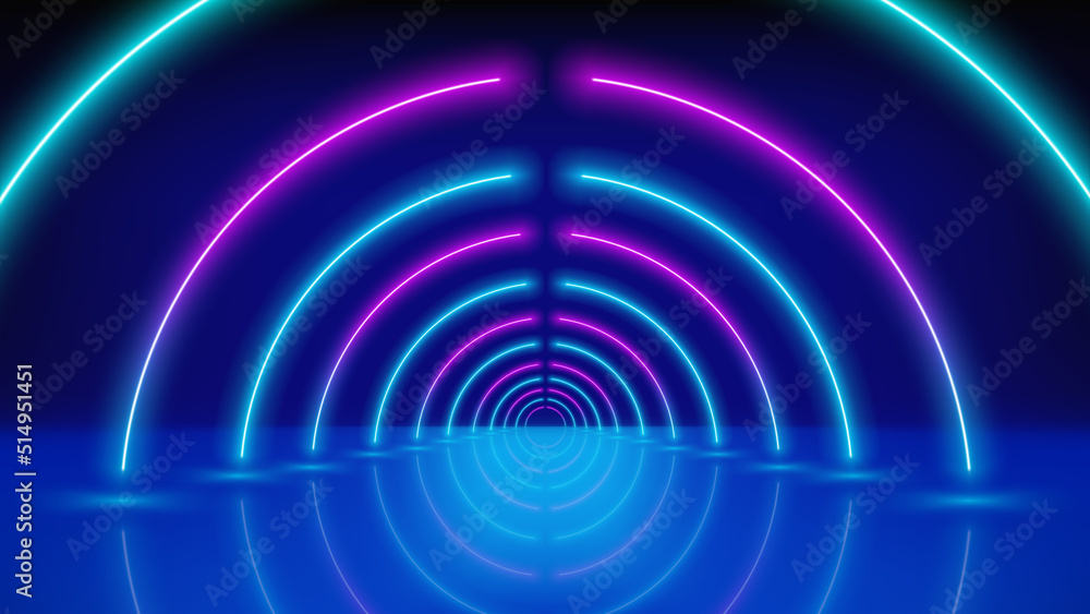 Fototapeta premium Glowing neon lines, tunnel, led stage. Abstract technological background, virtual reality. Pink blue purple neon corridor of circles, perspective. Ultraviolet bright glow. Vector illustration