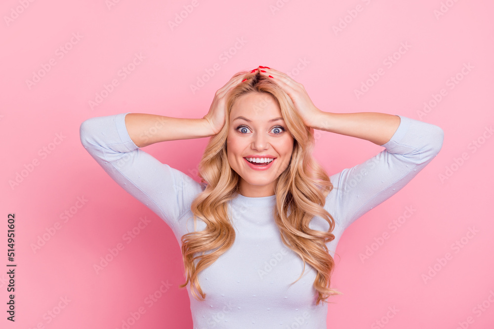 Portrait of impressed satisfied lady arms touch head look camera isolated on pink color background Portrait of impressed satisfied lady arms touch head look camera isolated on pink color background