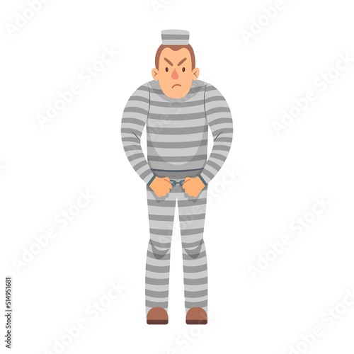 Criminal vector illustration. Police officer, burglar with gun, arrested character, angry guy isolated on white. Security, crime, law, justice