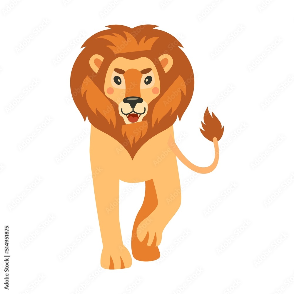 Obraz premium Orange colored feline animal walking, lying, jumping, sitting and roaring. Cute cartoon lion vector illustration. Wild animal, king concept