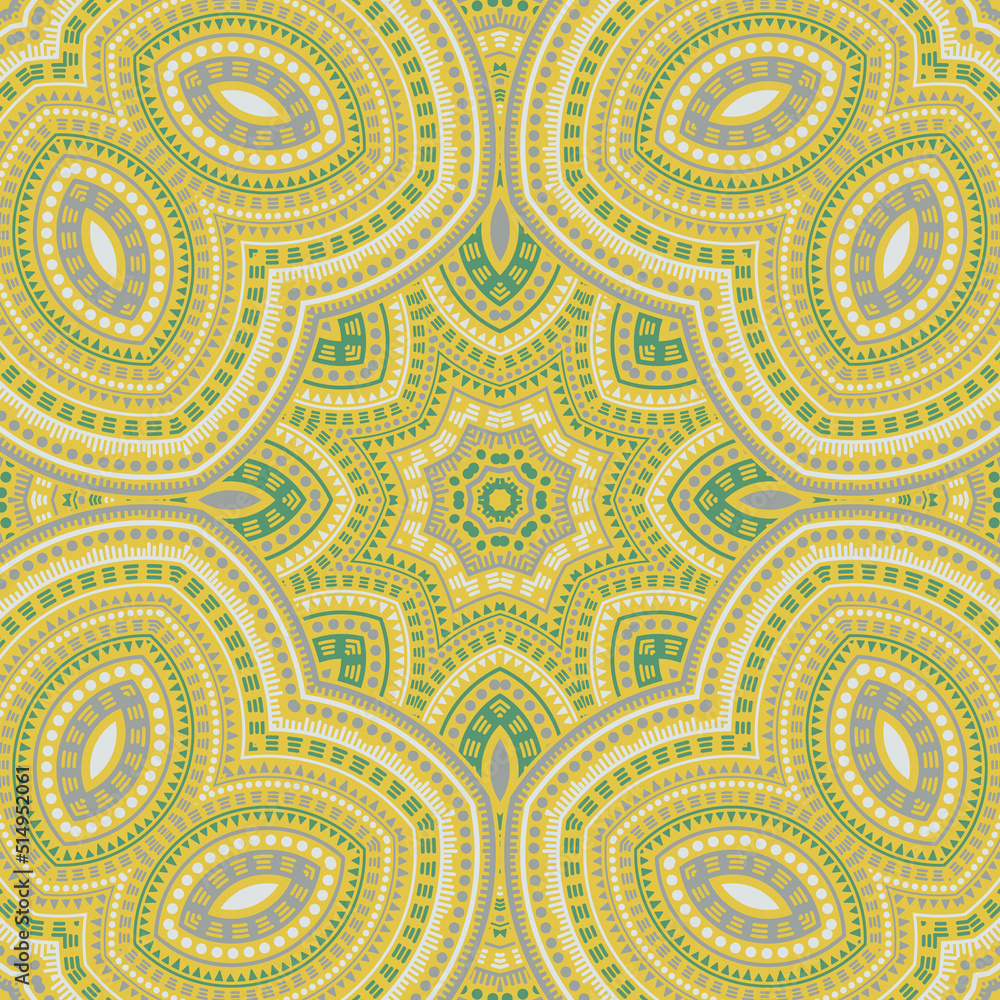 Muslim ethnic geometric vector seamless ornament. Fabric print design. Retro dutch pattern. Wall decor design. Circles and lines elements texture.
