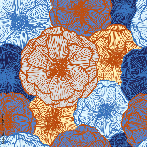 Poppy flower doodle  floral vector seamless pattern summer  fabric print design. Line texture petals