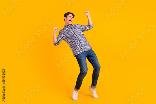 Full length photo of crazy business people dance fist up achieve isolated vivid color background