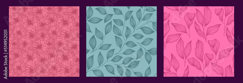 Tree branch leaves and flowers sketch doodle hand drawn vector seamless patte...
