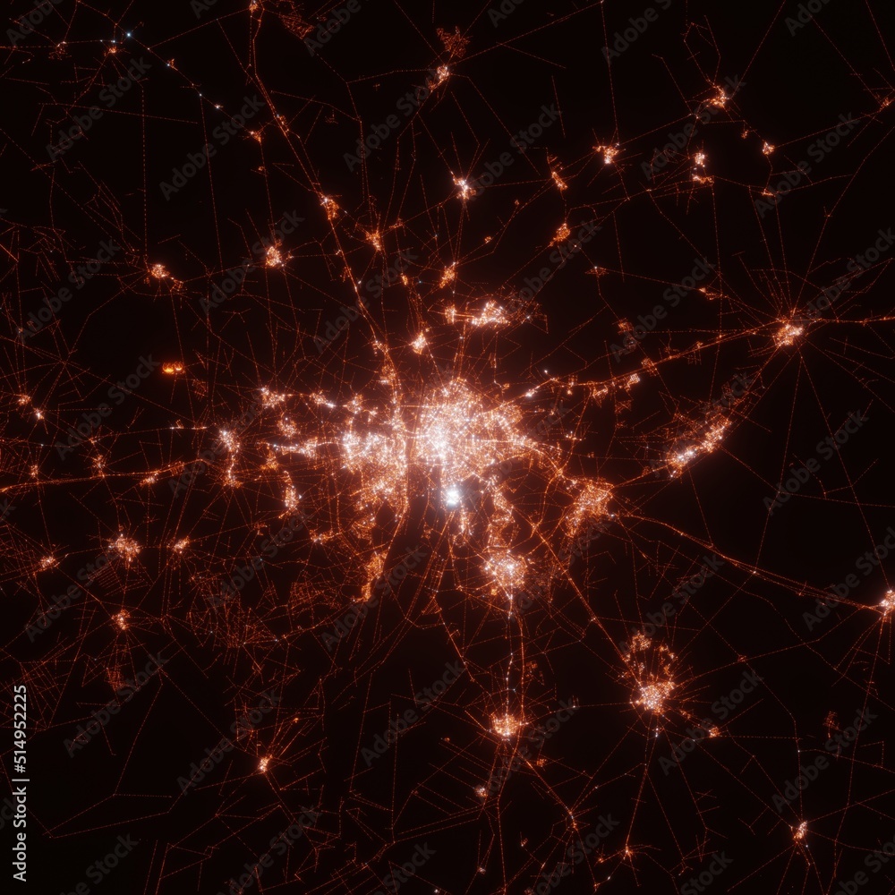 Fototapeta premium Seville city lights map, top view from space. Aerial view on night street lights. Global networking, cyberspace