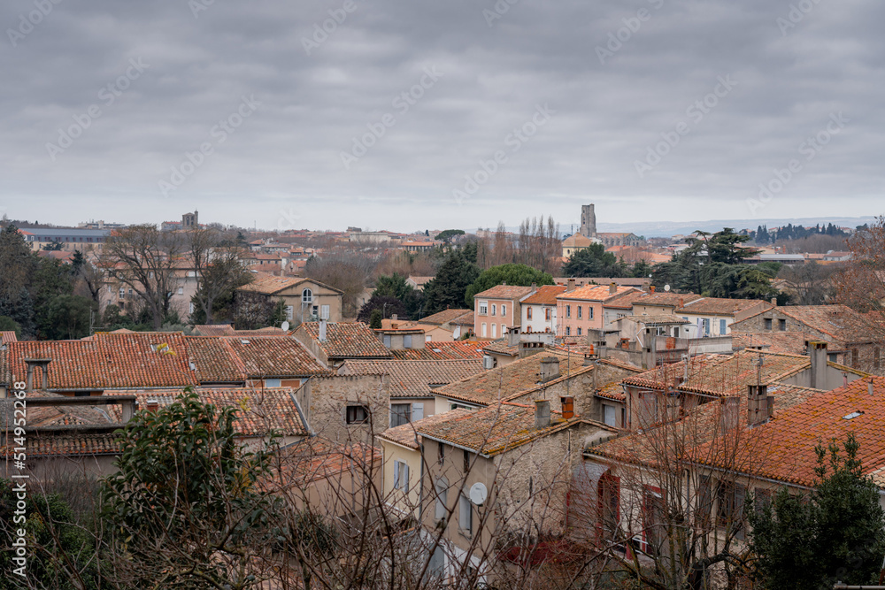 Obraz premium View over the orange tiled rooftops of Carcassonne with an overcast sky