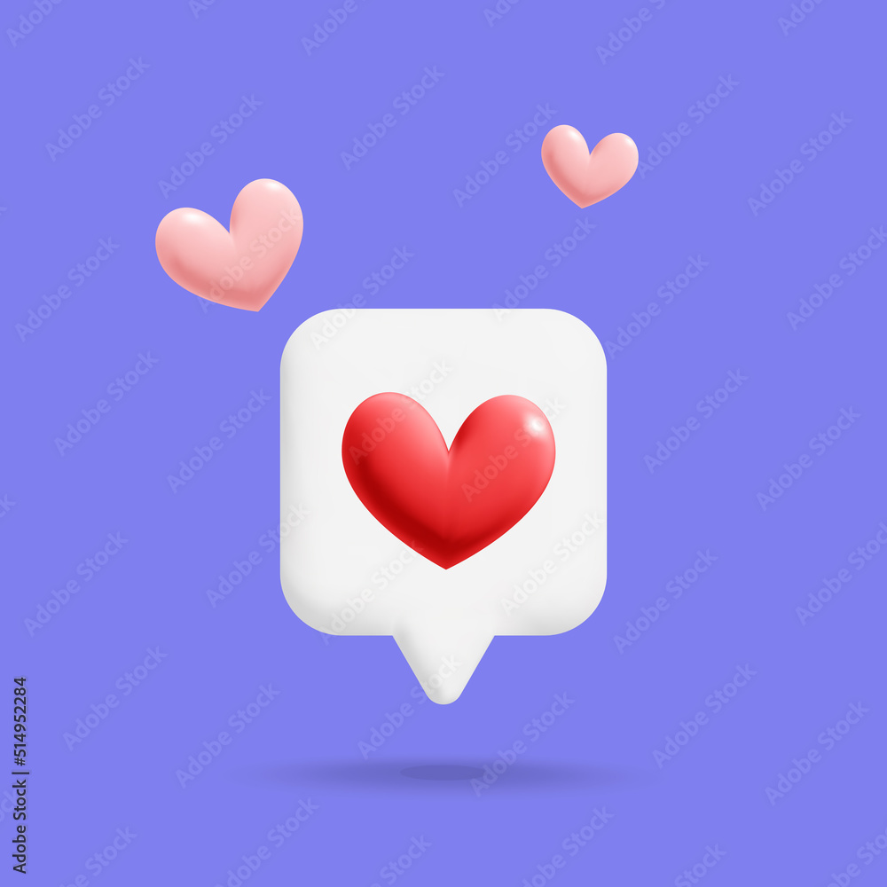 Feedback Social media heart like 3d vector icon concept design. White bubble with red and heart shapes.  Notification , social media, like time and feedback concept illustration. 