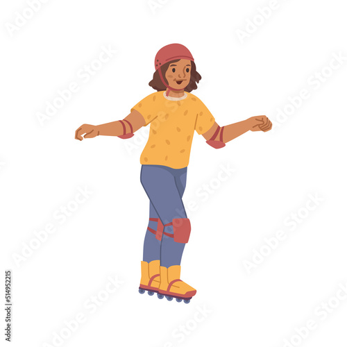 Roller skating girl, young woman roller skater, rollerblading teenager active trendy leisure time outdoor. Vector flat cartoon character in colorful clothes, extreme sport