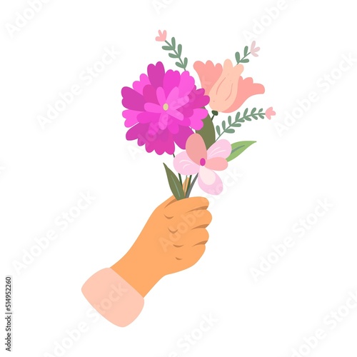 Hands of florists holding bouquets vector illustration. Bunches of flowers, plants with blossoms isolated on white