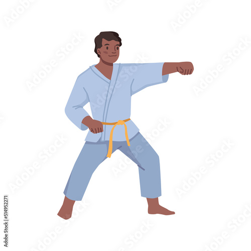 Young boy doing taekwondo or karate boxing sport activities, kickboxing tae judo character. Vector illustration of tae judo character in gown with yellow belt, student doing fighting exercises