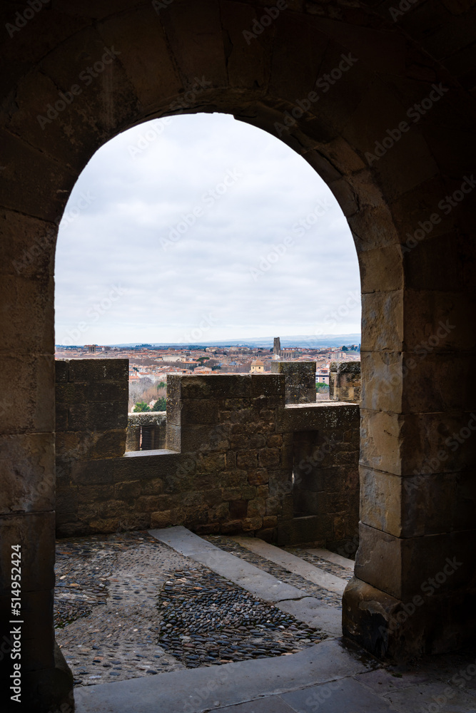 Fototapeta premium View over house rooftops from the main entrance into the medieval city of Carcassone