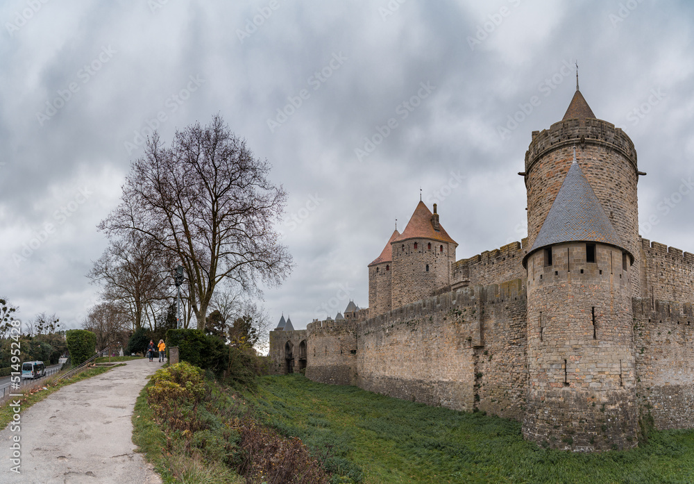 The fortified old city of Carcassonne on an overcast winter day 