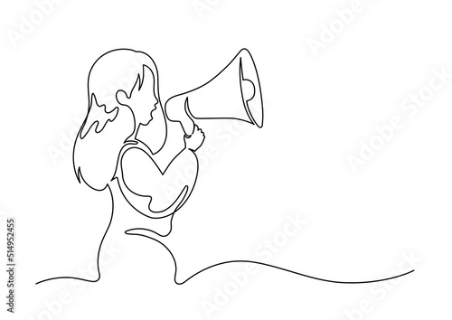 Woman talking to megaphone. Continuous line art. Female speaker.