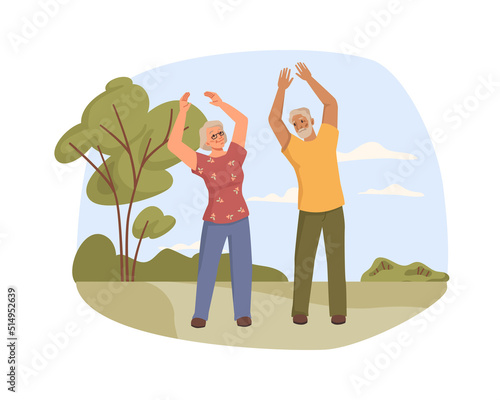 Senior characters exercising outdoors making physical exercises. Vector illustration of healthy people doing stretching. Pensioners morning workout at city park, elderly sport flat cartoon