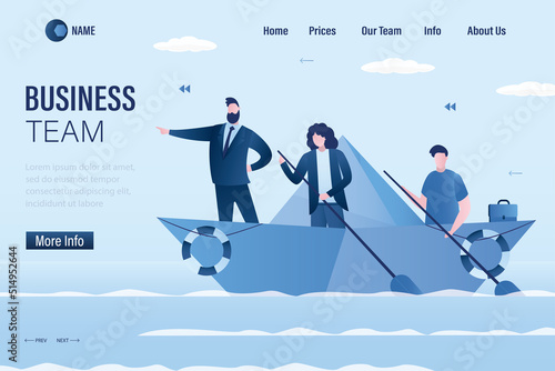 Business team with leader sailing on paper boat in ocean of opportunities to goals. Landing page template. Businesspeople on origami paper ship. Idea of teamwork and leadership.