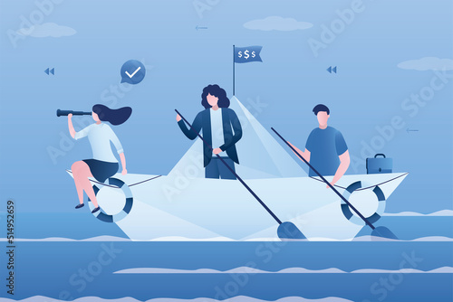 Business team with woman leader sailing on paper boat in ocean of opportunities to goals. Business people in the suits on origami paper ship. Idea of teamwork and leadership.