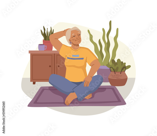 Grandmother doing yoga, isolated senior woman exercising or meditating at home. Healthy lifestyle and activities, wellness and working out. Vector illustration, flat cartoon