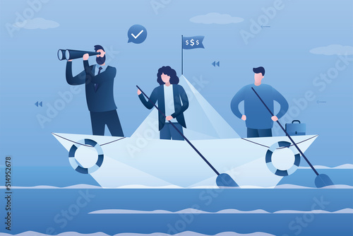 Business team sailing on paper boat in ocean of opportunities to goals. Leader uses binoculars for search right way. Businesspeople on origami paper ship. Idea of teamwork and leadership.