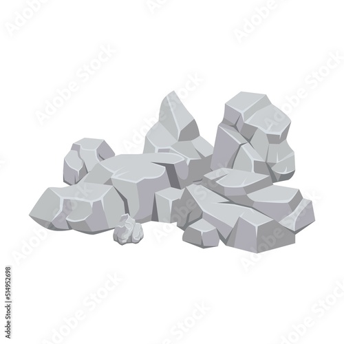 Piece of rock. Heap of stone rock isolated on white. Piles of grey boulders, cobbles and gravels. For mountains, geology, rock fall