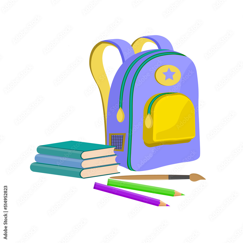 School bag with books, pencil and brush