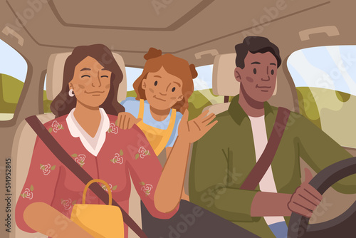 Road trip of parents and child, mother and father with daughter driving car. Weekends or vacation, traveling people on own vehicle. Flat cartoon, vector illustration