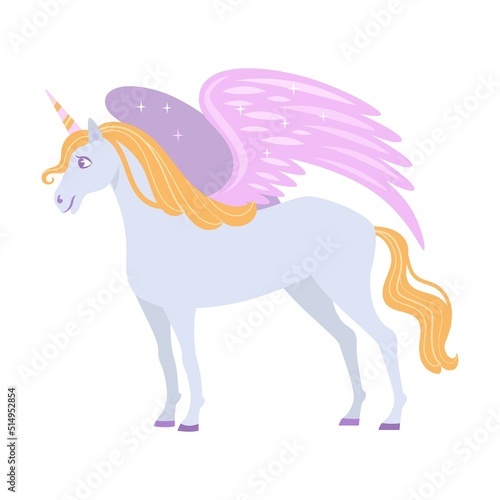 Mythical creature pegasus unicorn flat vector illustration. Fantasy characters  centaur  harpy  dragon  mermaid  Pegasus  griffin isolated on white
