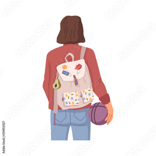Student with backpack back view, college or university girl with ball in hands. Vector female in casual cloth, rear view of flat cartoon young woman with rucksack