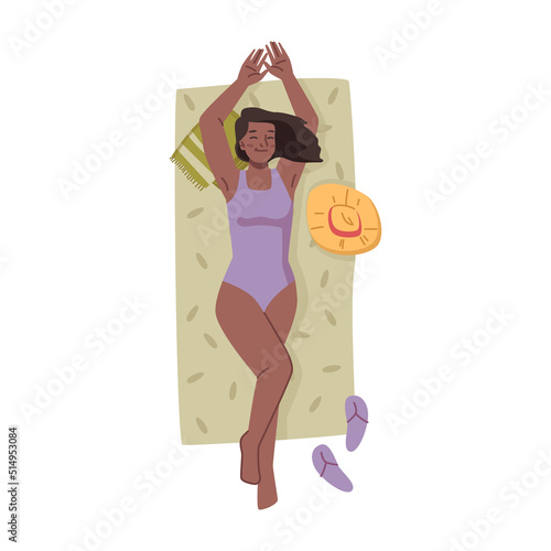 Young afro american woman in bikini swimsuit sunbathing on towel with flip flops and hat at beach, flat cartoon character. Vector top view of lying suntanning girl, summer vacation relax at seaside