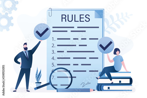 Employees signed rules and regulations document. Policy and guideline for employee to follow. Legal term, corporate compliance or laws, standard procedure. Businesspeople holds approval marks.