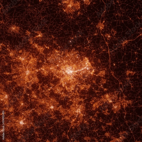 Leeds city lights map, top view from space. Aerial view on night street lights. Global networking, cyberspace