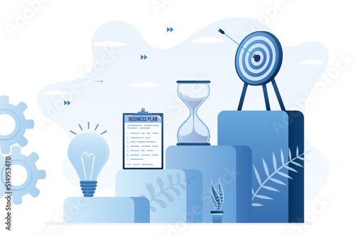 Steps of business development - from idea to successful completion. Planning a new startup, risk management, achieving goals. Stages of business project.