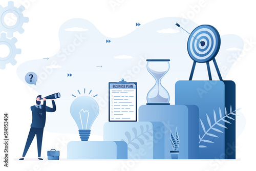 Steps of business development - from idea to successful completion. Businessman uses binoculars. Planning new startup, risk management, achieving goals. Stages of business project.