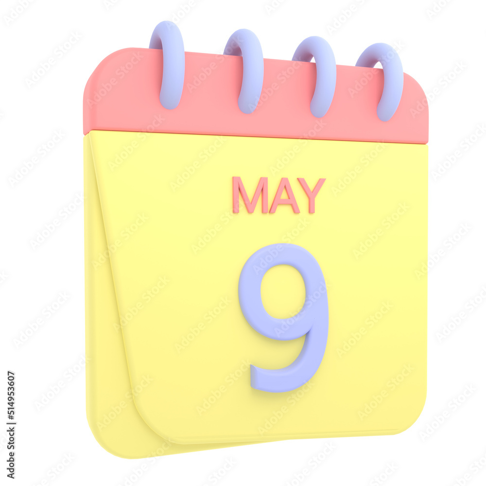 9th May 3D calendar icon. Web style. High resolution image. White background 9th May 3D calendar icon. Web style. High resolution image. White background