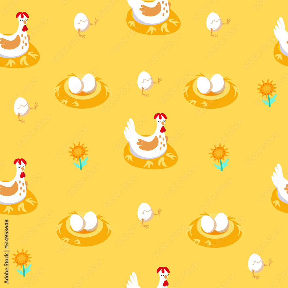 Seamless pattern with chicken, eggs in the nest. Cartoon style for fabric, background. Juicy yellow colors. Traditional symbols of France. Seamless pattern with chicken, eggs in the nest. Cartoon style for fabric, background. Juicy yellow colors. Traditional symbols of France.