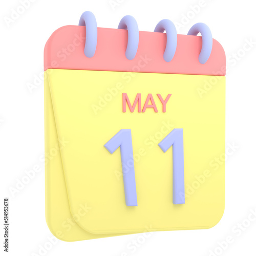 11th May 3D calendar icon. Web style. High resolution image. White background