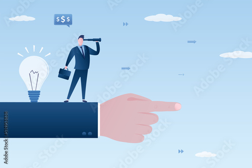 Wrong decision making, concept. Stupid or crazy boss manager pointing order employees to jump off cliff. Incompetent leader. Mistake lead company and employees to sabotage, bad problem