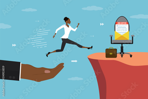 Boss hand helping female manager overcoming unemployment. Assistance in hiring new employees. Business chair with job offer. Career ladder, businesswoman take new position.