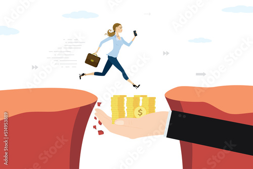 Hand helping businesswoman overcoming obstacles. Money gap, financial help for business or citizen. Bank loan, credit line. Debt refinancing. Financial support. Business risk and success.