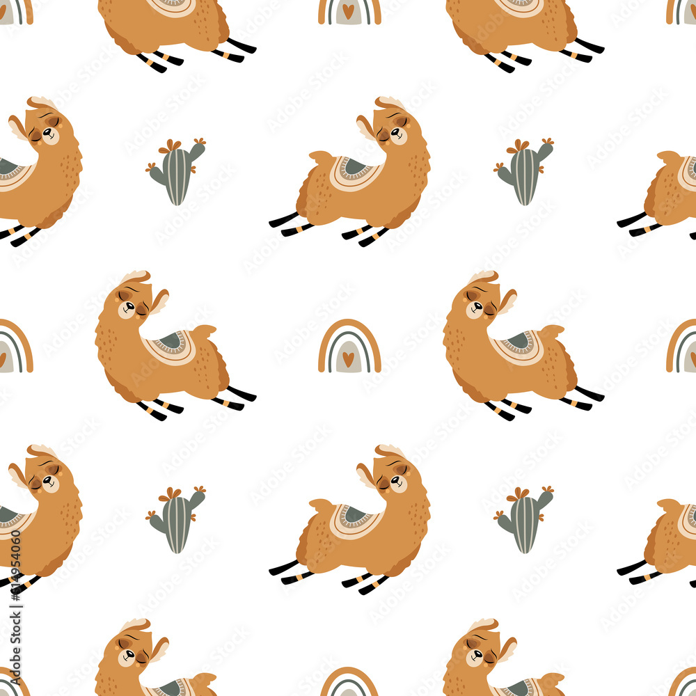 Fototapeta premium Summer banner with a cute Llama on a beautiful background. A handwritten greeting. Vector illustration. 