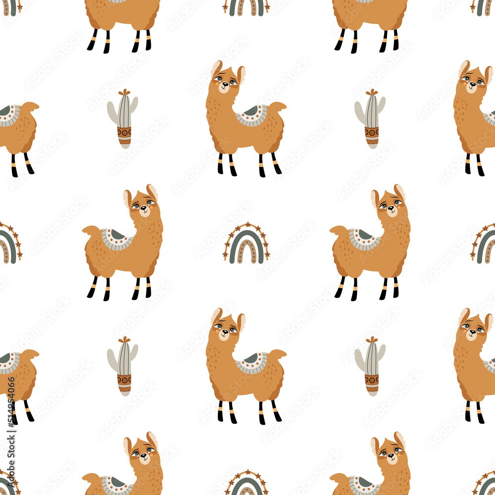 Fototapeta premium Seamless pattern with a cute Llama on a summer background. Vector illustration.