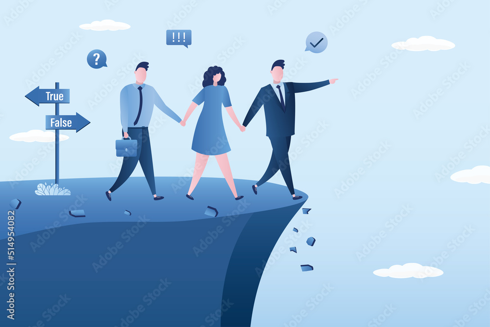 Wrong decision making, concept. Stupid or crazy boss leads business team to edge of the cliff. Incompetent male leaders. Mistake lead company and employees to bankruptcy, problems. Wrong decision making, concept. Stupid or crazy boss leads business team to edge of the cliff. Incompetent male leaders. Mistake lead company and employees to bankruptcy, problems.