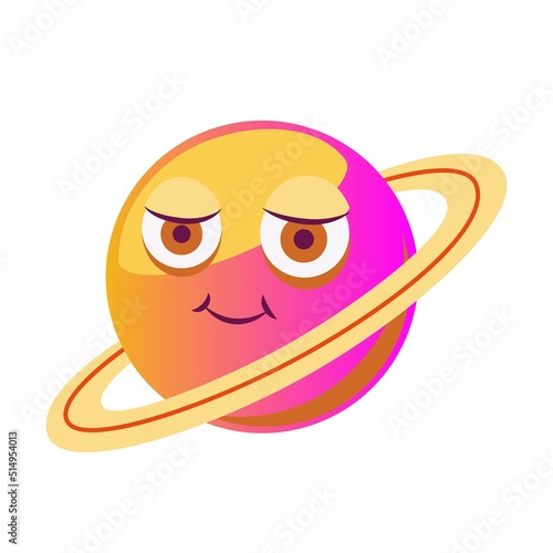 Planet Saturn with faces vector cartoon illustration. Fantasy planet characters with eyes and mouths isolated on purple background. Kids astronomy