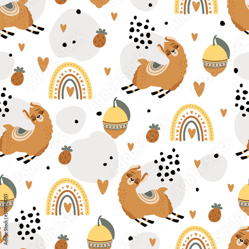 Summer banner with a cute Llama on a beautiful background. A handwritten greeting. Vector illustration.
