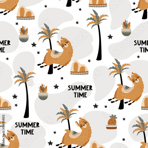 Seamless pattern with a cute Llama on a summer background. Vector illustration. © Natalia