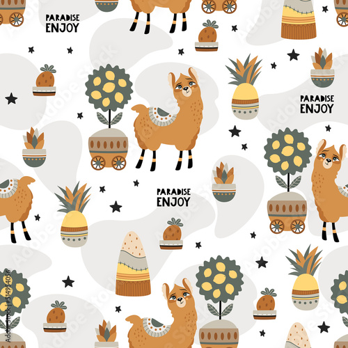 Summer banner with a cute Llama on a beautiful background. A handwritten greeting. Vector illustration.
